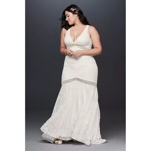 Galina White Lace Illusion V‎ Neck Sleeveless Mermaid Wedding Dress WG3950